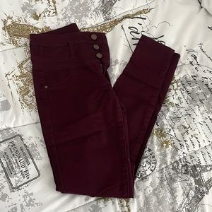 High waisted maroon skinny jeans